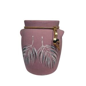 Vtg Mexican Pottery Vase Pink with Hand Painted Feathers Leather Cord with Beads